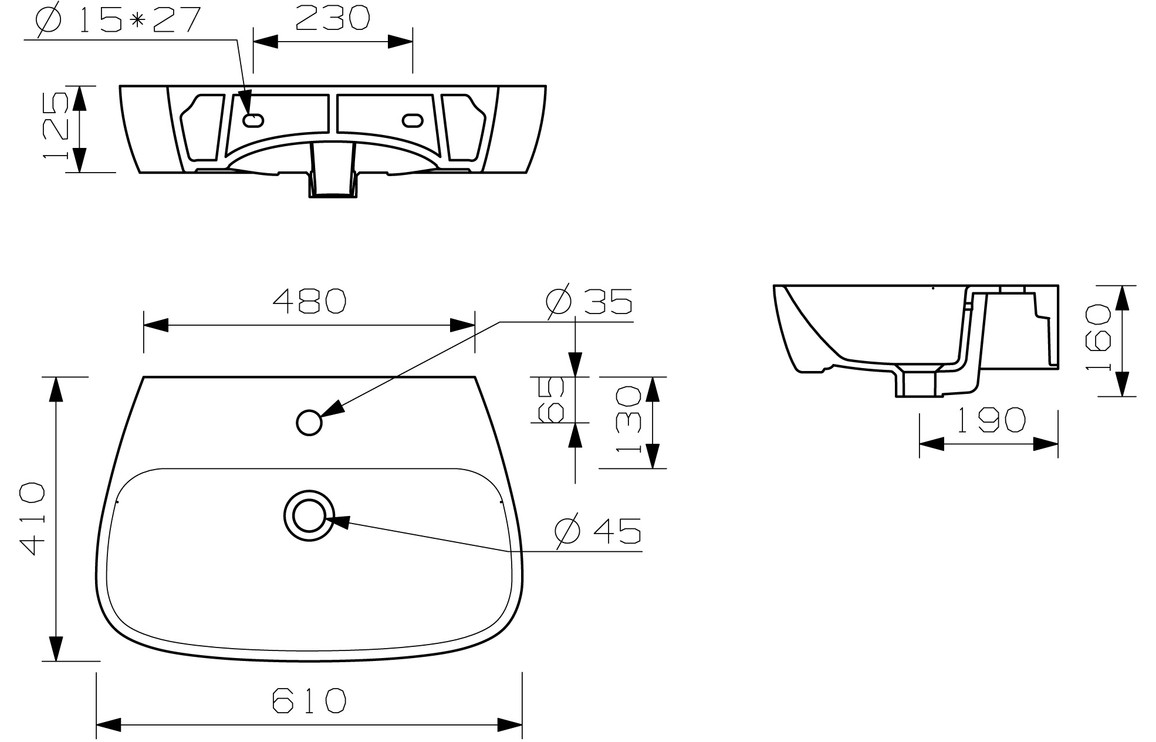 Tilia 600x400mm 1TH Basin & Full Pedestal - Image 3