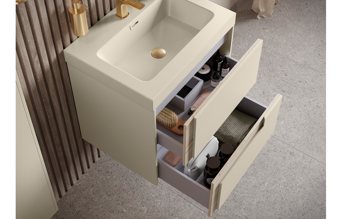 Contrast 605mm Wall Hung 2 Drawer Basin Unit & Co-ordinating Basin - Matt Cotton & Oak Effect - Image 3