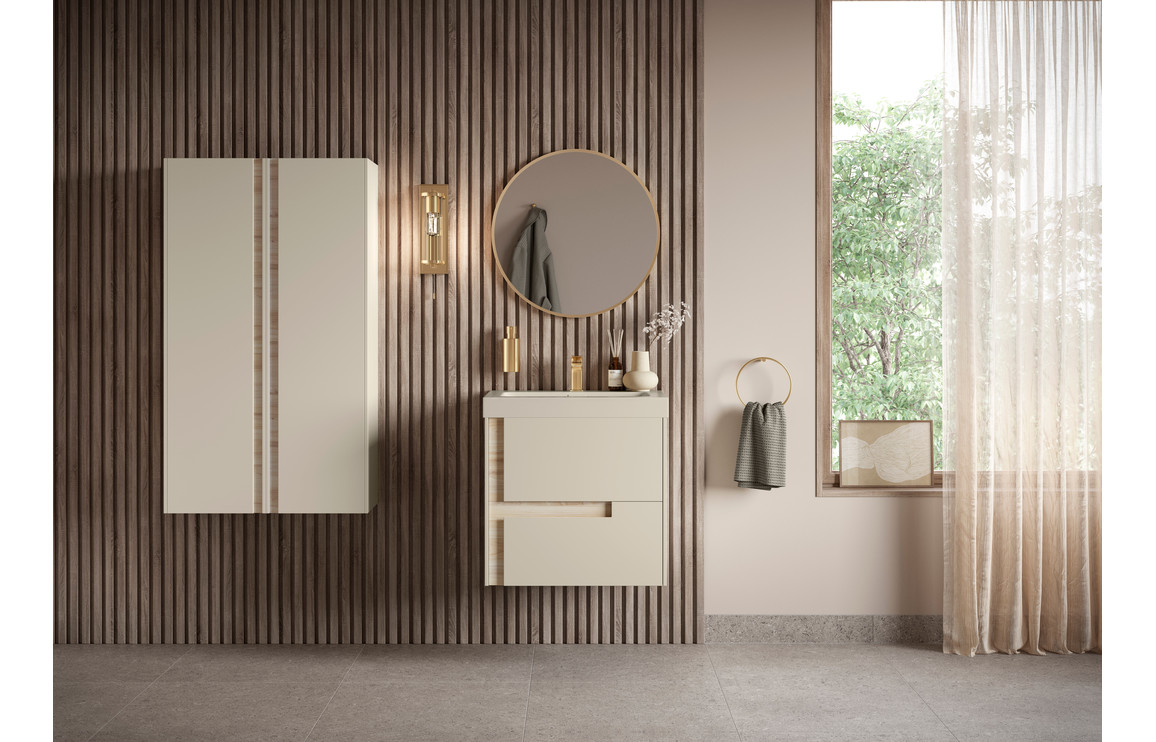 Contrast 605mm Wall Hung 2 Drawer Basin Unit & Co-ordinating Basin - Matt Cotton & Oak Effect - Image 2
