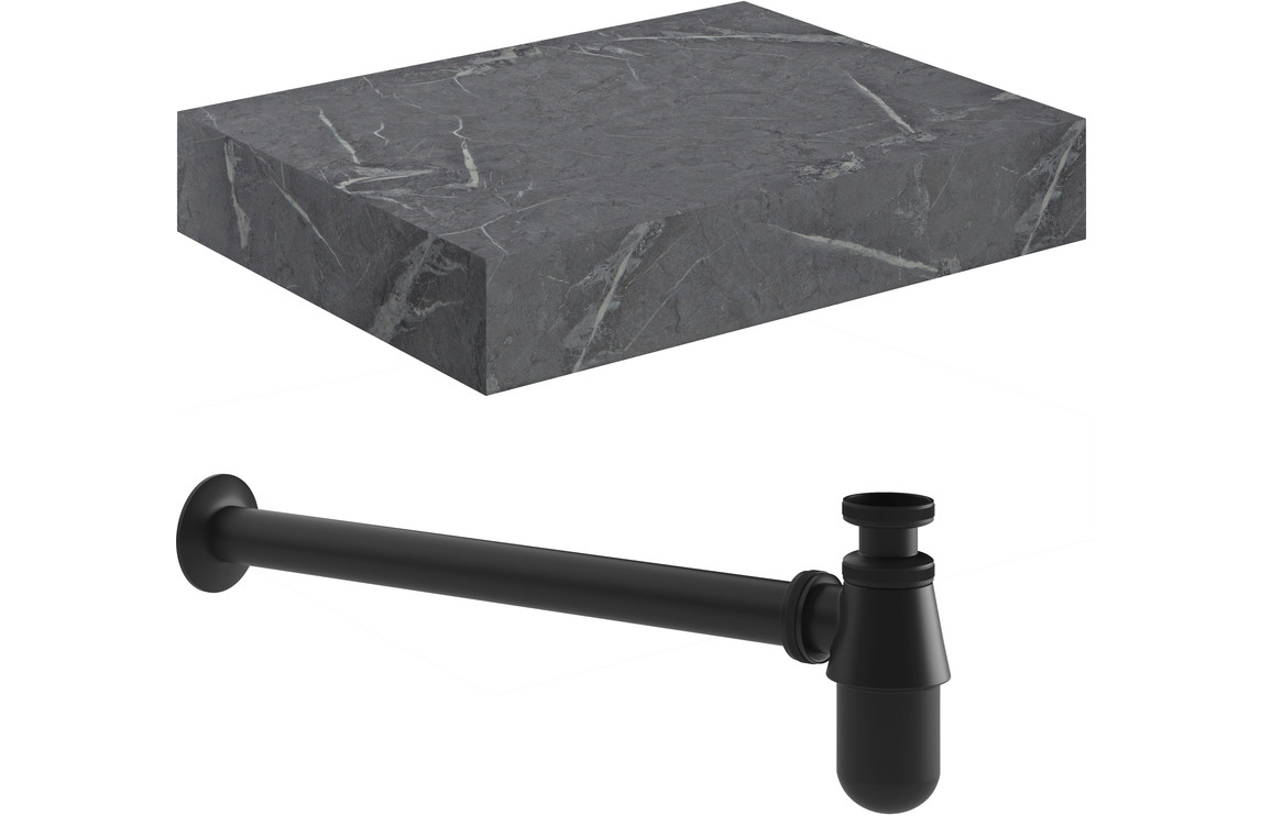 Natural 600mm Wall Hung Grey Marble Basin Shelf & Black Bottle Trap
