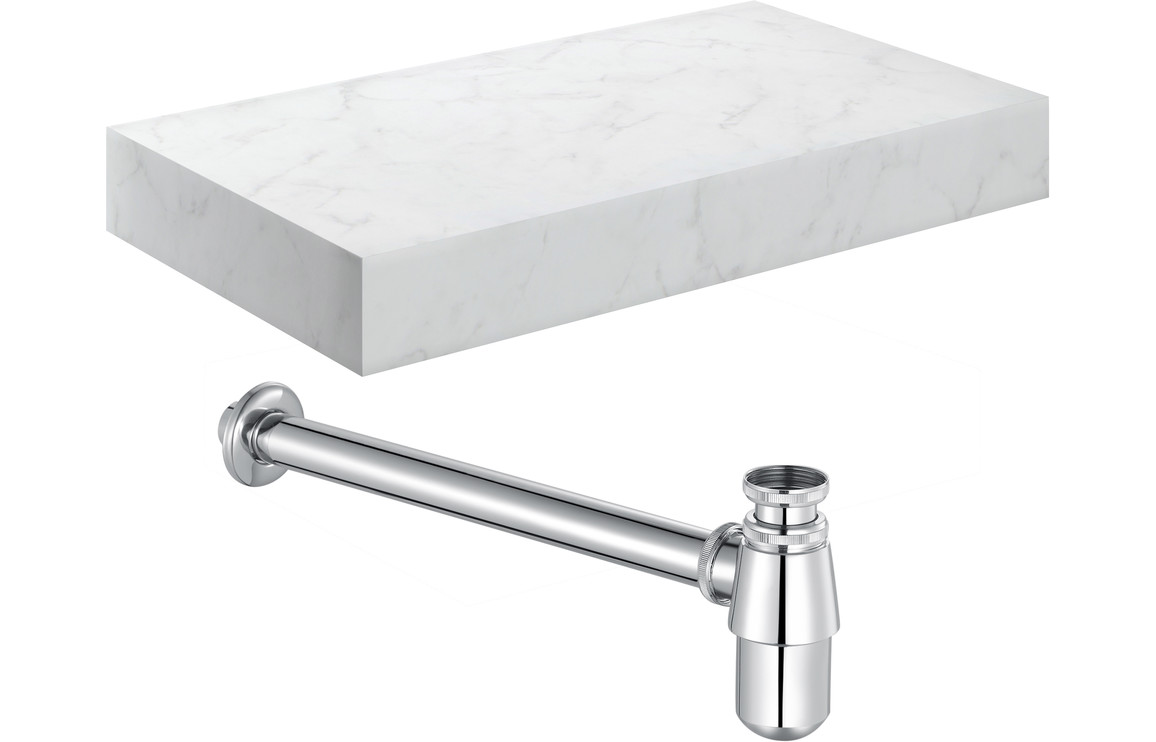 Natural 800mm Wall Hung White Marble Basin Shelf & Chrome Bottle Trap