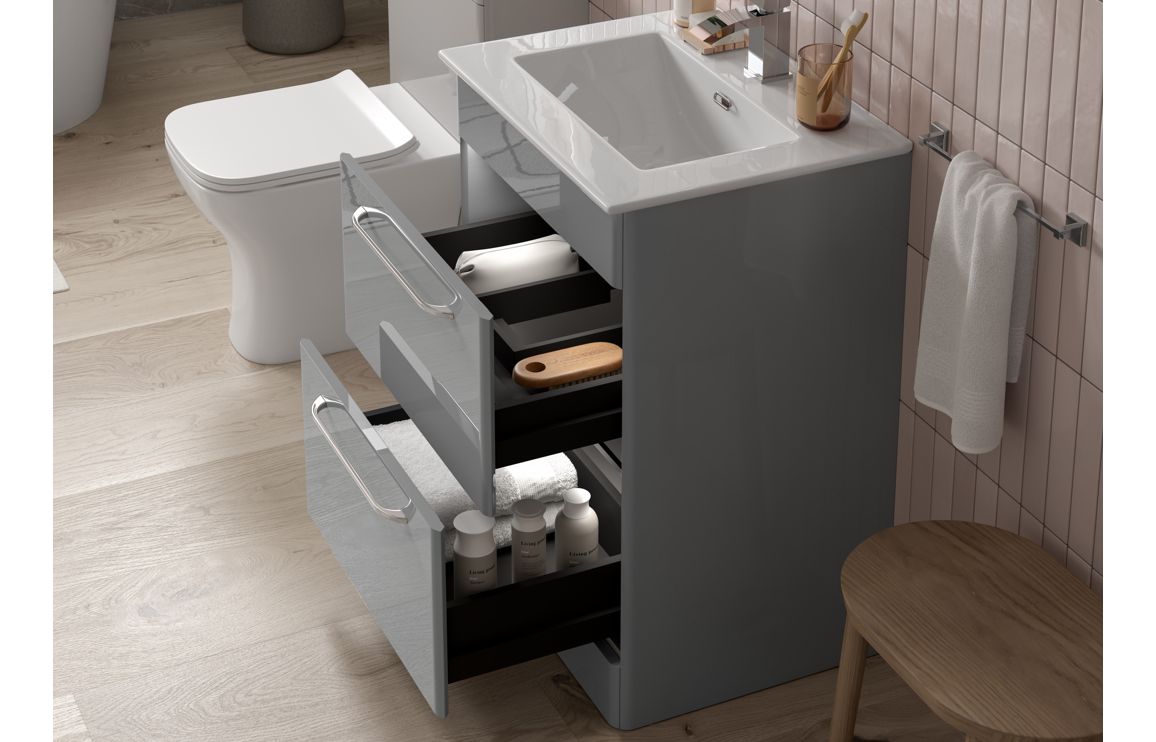 Gatsby 610mm 2 Drawer Wall Unit & Basin - Grey Gloss - Image 3