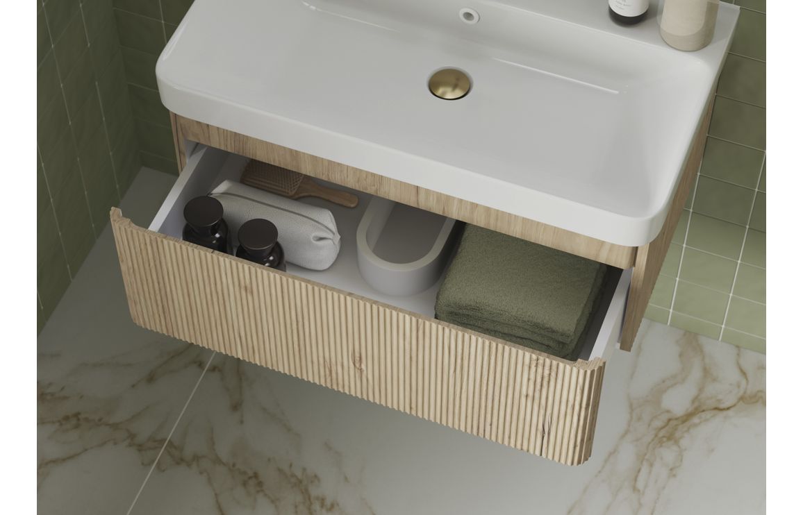 Kuba 605mm Wall Hung 1 Drawer Basin Unit & Basin - Textured Oak - Image 6