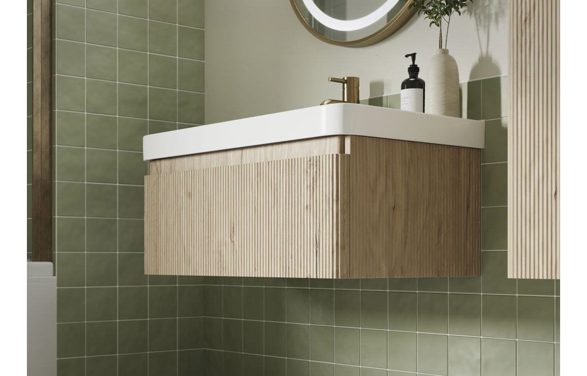 Kuba 605mm Wall Hung 1 Drawer Basin Unit & Basin - Textured Oak - Image 4