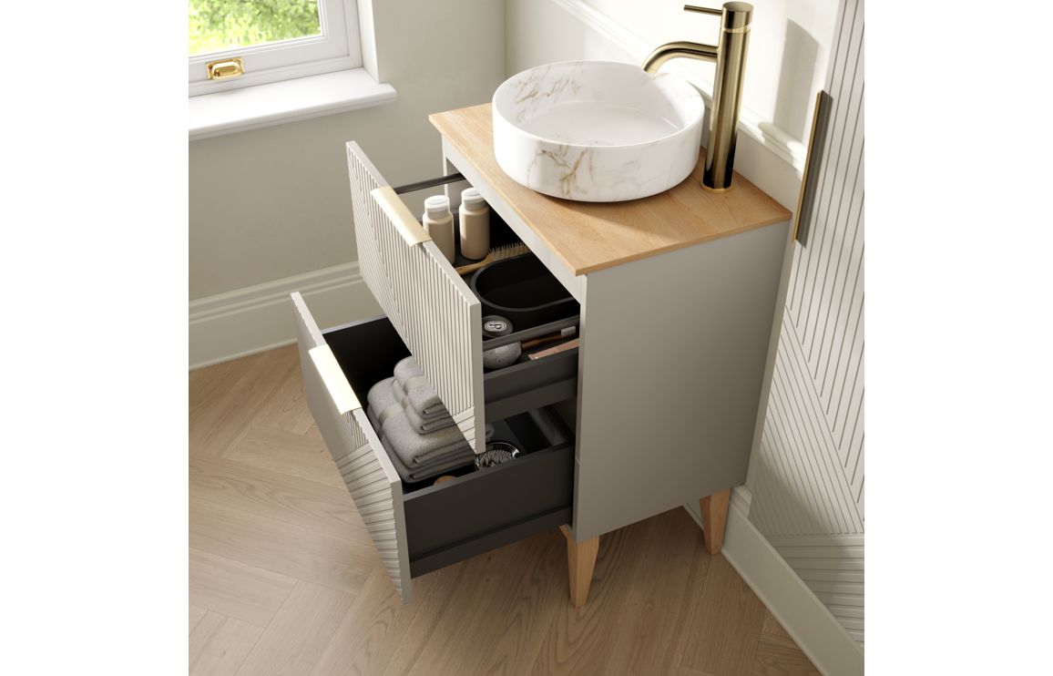 Ligne 810mm Floor Standing 2 Drawer Basin Unit & Maple Oak Effect Worktop - Matt Oat - Image 3