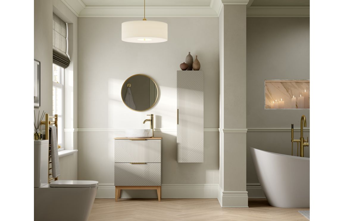 Ligne 810mm Floor Standing 2 Drawer Basin Unit & Maple Oak Effect Worktop - Matt Oat - Image 2