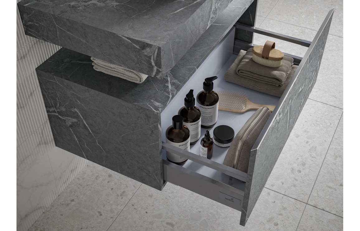 Natural 600mm Wall Hung Grey Marble Basin Shelf & Black Bottle Trap - Image 8