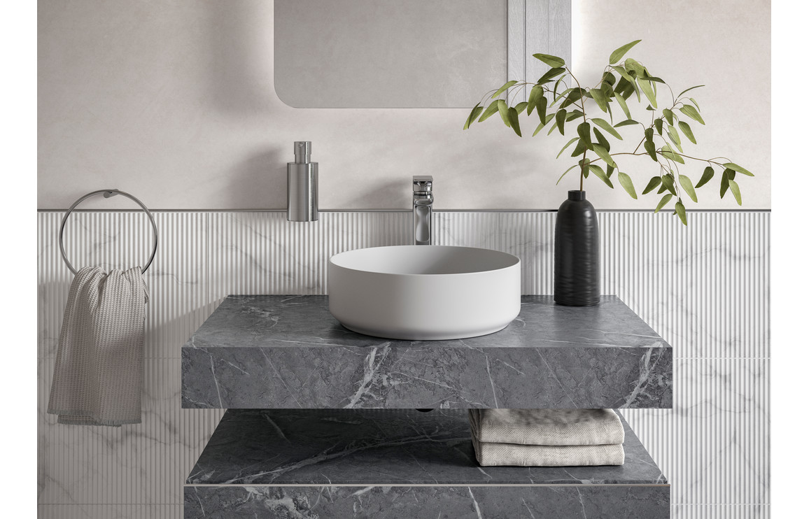 Natural 600mm Wall Hung Grey Marble Basin Shelf & Black Bottle Trap - Image 7