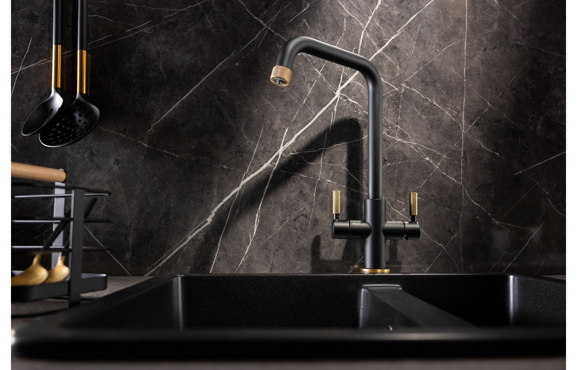 Abode Industria 3 IN 1 Monobloc Tap - Matt Black & Antique Brass - Image 2