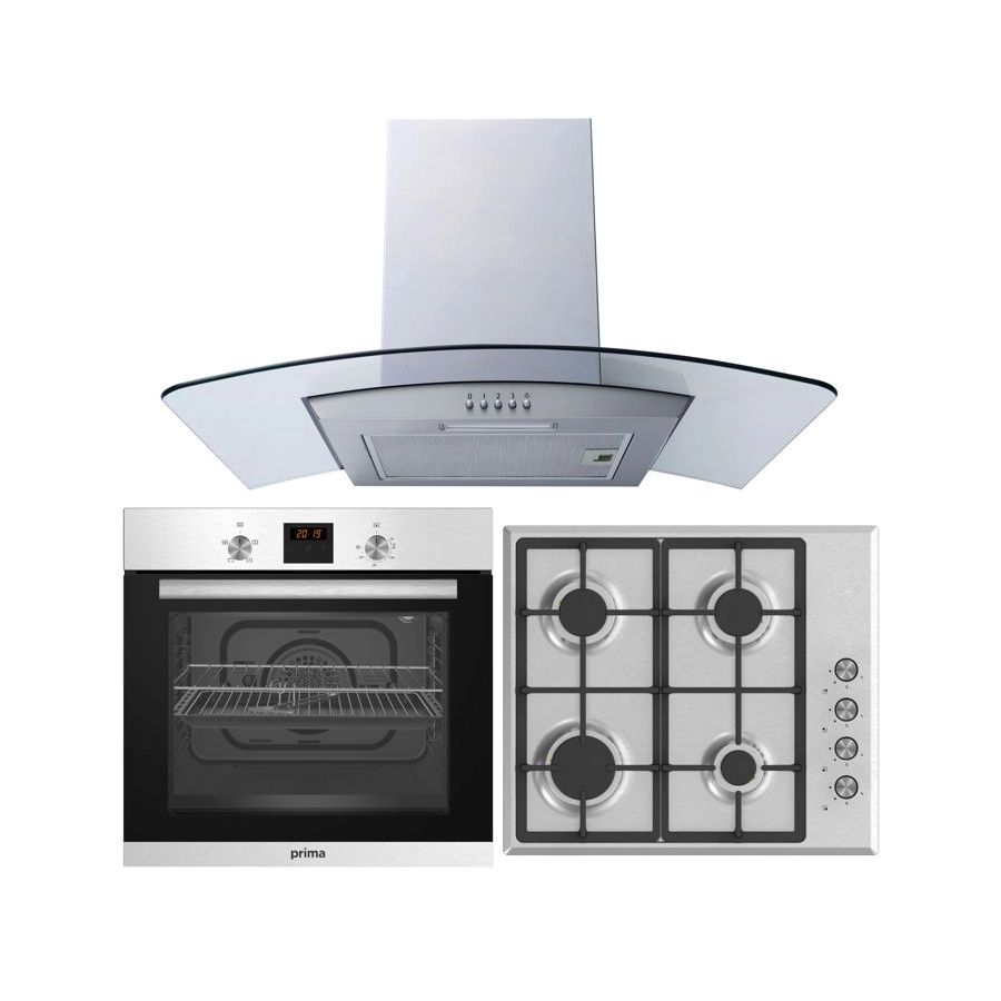 Prima Oven Gas Hob & Curved Glass Chimney Hood Pack - StSteel