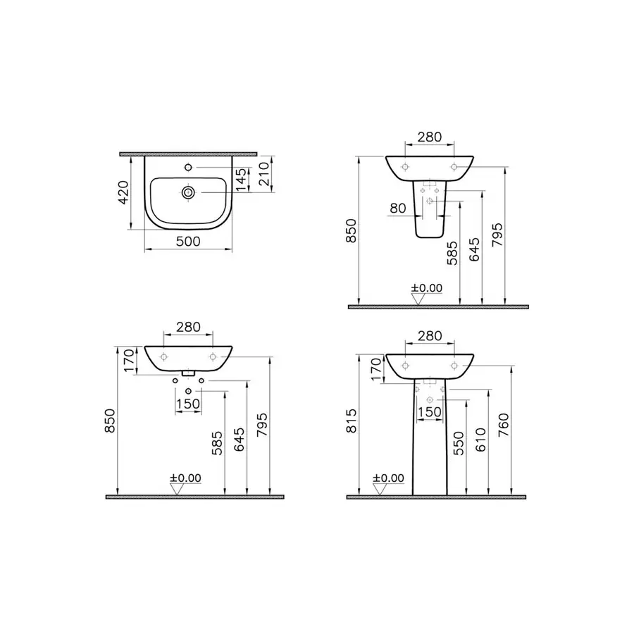 VitrA White Basin VTPB1018 2 Tap Hole Dimensions 165x500x415mm