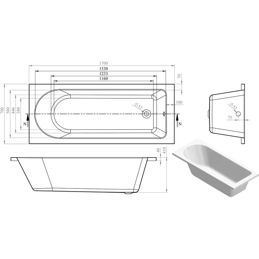 Modish Single End Bath 180L Capacity With Legs DIBRP0040 - Image 2