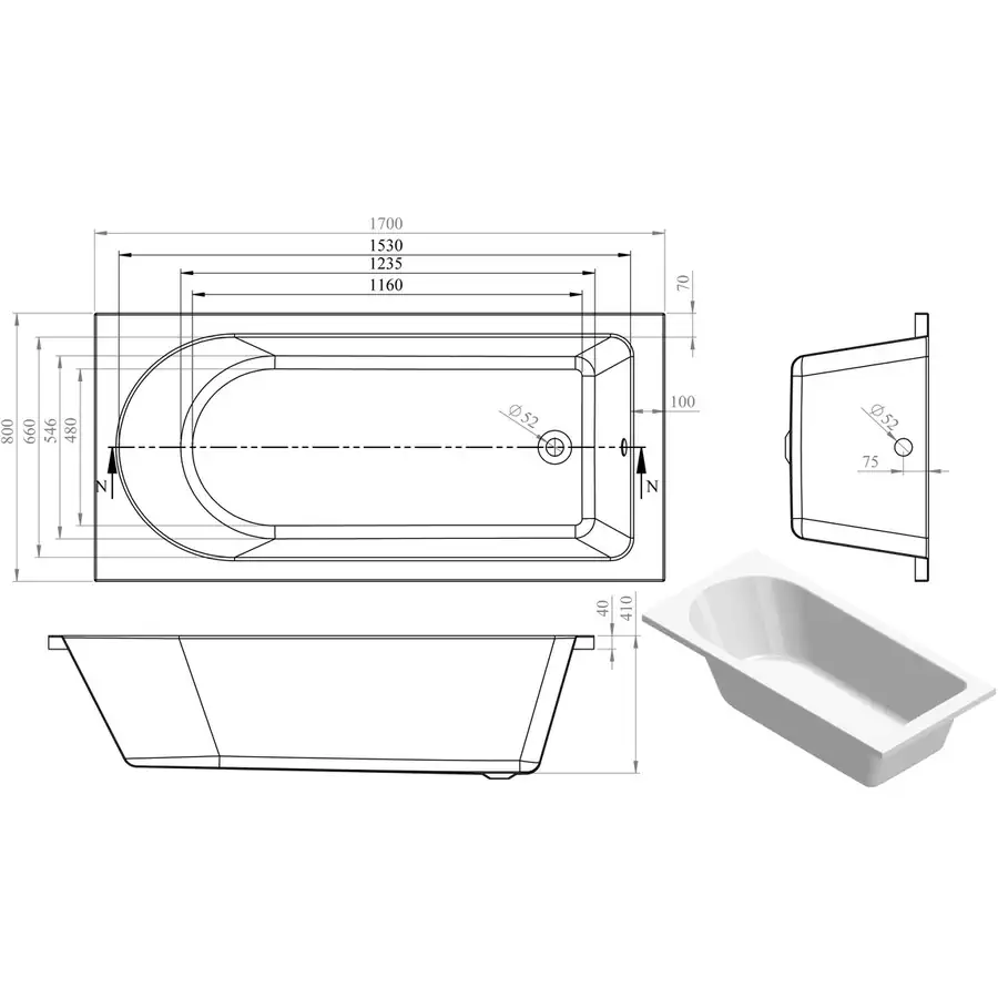 Modish Single End Bath 190 Litre Capacity With Legs DIBRP0044 - Image 2