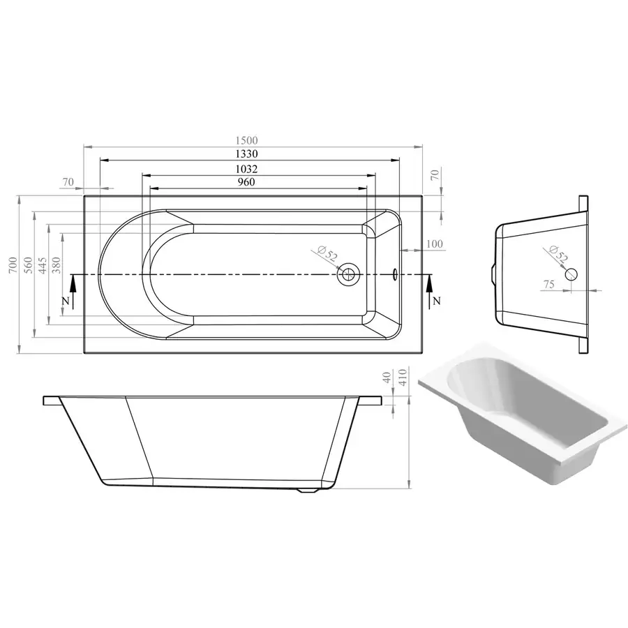 Modish Single End Bath Supercast With Legs DIBSHP0006C - Image 2